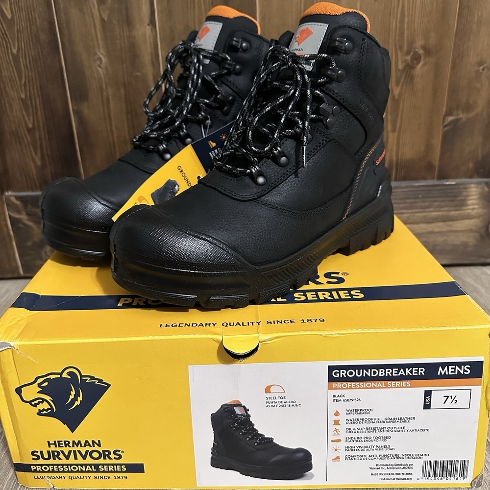 Herman Survivors Groundbreaker Men 7.5 Black Work Boots Steel Toe Waterproof NEW